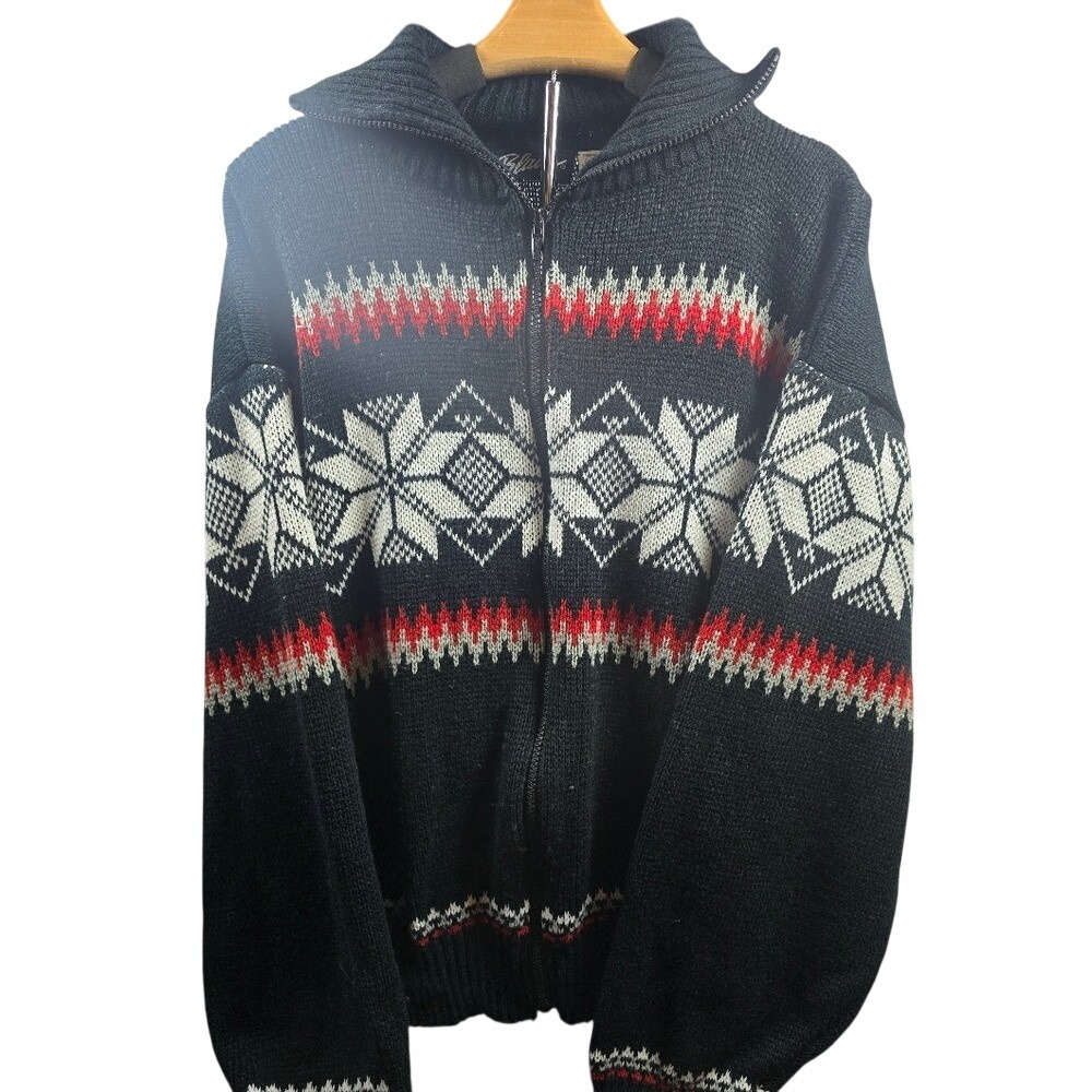 Blair Mens‎ Vintage Nordic Snowflake Full Zip Sweater Black Red XL 478902